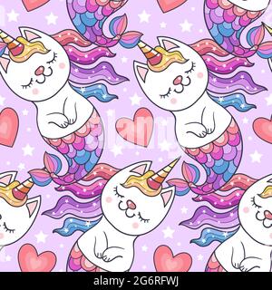 Fun Katze Einhorn und Meerjungfrau nahtlose Muster. Vektor Stock Vektor