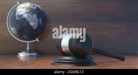 School Globe Planet Erde und Richter Auktion Gavel auf Tisch, Internationale Rechtsstudien und weltweite Gesetze und Gesetzgebung Konzept, 3d-Illustration Stockfoto