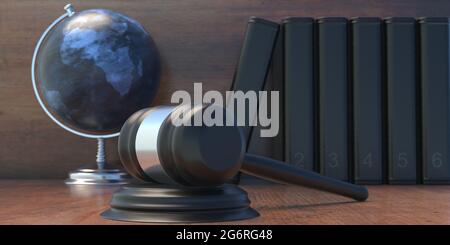 Schule Globe Planet Erde, Richter Auktion Gavel und Bücher auf Tisch, Internationale Rechtsstudien und weltweite Gesetze und Gesetzgebung Konzept, 3d-illustrati Stockfoto