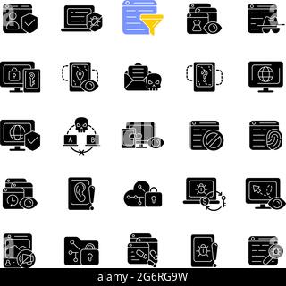 Online-Überwachung und Zensur schwarze Glyphen-Symbole auf weißem Raum gesetzt Stock Vektor