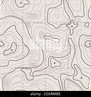 Topografische Karte. Geographisches Gelände, alte geologische Konturlinien mit Gitter. Nahtlose Muster Topographie Karte Vektor Hintergrund. Bereich mit verschiedenen Routen und Kurven Draufsicht Stock Vektor