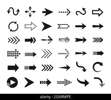 Pfeilsymbol. Pfeile Piktogramme, Schaltflächen, Web-Cursors, Zeiger. Richtungsschilder nach oben, unten, rechts, links. Vektor für Kurven- und gerade Pfeile. Navigations-, Standort- und Orientierungsschild Stock Vektor