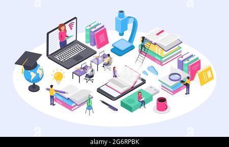 Online-Bildungskonzept. Studenten, die zu Hause am Computer studieren. Isometrische Online-Kurse, virtuelle Lernvektordarstellung. Charaktere, die recherchieren, lesen und Brainstorming durchführen Stock Vektor