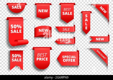 Rote Verkaufsschilder. Werbebanner, Preisschild, exklusiver Angebotsanhänger. Rote Band Abzeichen, Ecken. Realistische Werbebänder Vektor-Set. Elemente für Verkauf oder Rabatt isoliert Stock Vektor