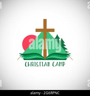Christliche Kirche Mission Konzept. Religiöses Kreuz, offenes Buch mit grünen Seiten und Campingzelt-Schild. Kreative Logo-Idee. Markensymbol. Isolierte Zusammenfassung Stock Vektor