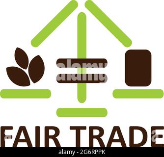 Fair-Trade-Logo-Symbol mit Pflanzenblatt und Produktpaket auf einer Waage mit Gleichheitszeichen. Einfache Vektordarstellung für Unternehmen, Produktpakete Stock Vektor