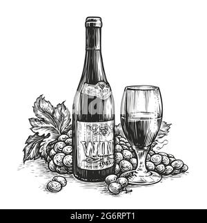 Flasche Wein mit einem Glas und Trauben. Weingut, alkoholisches Getränk in Gravur-Stil. Skizzenvektordarstellung Stock Vektor