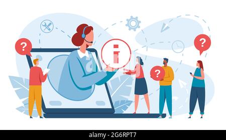 Kundendienst. Technische Unterstützung online Fachberatung Kunden. Virtueller persönlicher Assistent, Vektor-Konzept für Call Center-Betreiber. Benutzer, die Fragen stellen, Mitarbeiter, die Informationen bereitstellen Stock Vektor