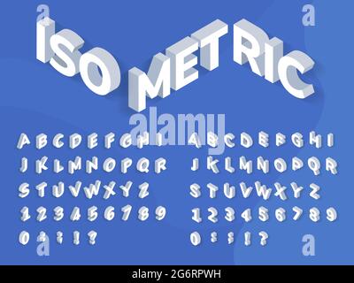 Isometrische Schrift. geometrische Typografie mit 3d-Perspektiveffekt. Isometrical Fett Alphabet Buchstaben, Zahlen und Symbole mit Schatten Vektor-Set. Vorlage für lateinische abc- und Satzzeichen Stock Vektor