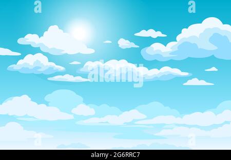 Blauer Himmel mit Wolken. Hintergrund im Anime-Stil mit strahlender Sonne und weißen, flauschigen Wolken. Sunny Day Himmel Szene Cartoon Vektor Illustration. Himmel mit hellem Wetter, Sommersaison im Freien Stock Vektor