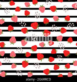 Nahtloses Muster mit Erdbeeren, schlichte Formen vor dem Hintergrund in schwarz-weißen Streifen. Vektorgrafik handgezeichnete Illustration. Stock Vektor