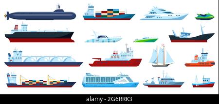 Flachseeboote. Kreuzfahrt, Frachtschiff, Yacht, Segelboot, Schlepper, Motorboot, U-Boot, Fischerboot. Vektorset für den Transport von Seefahrten. Verschiedene private und industrielle Schiffe isoliert Stock Vektor