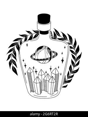 Zauberelixier. Flasche mit Kristallen. Hexerei Vektor Schwarz-Weiß-Illustration. Stock Vektor