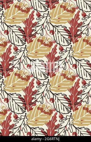 Fallende Blätter Vektor nahtloses Muster. Herbst Camouflage Hintergrund, transparente Wirkung. Handgezeichnete Pinselblätter, Eichenholz, Espe, Esche Beere Konturen Stock Vektor