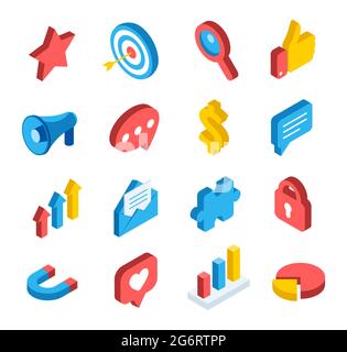 Isometrisches Social Marketing. Digitale Netzwerke, mobile Anwendungen, Kommunikationssymbole. Symbolsatz für E-Mail, Ziel, Herz, Daumen hoch. Inhalt isometrische Symbole oder Elemente für die Schnittstelle Stock Vektor
