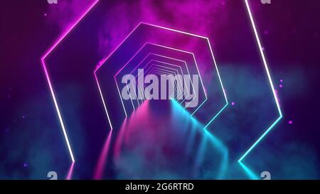 Zimmer mit Neonlicht. Ultravioletter abstrakter Hintergrund mit Neon-Korridor. Hintergrund der 3d-Technologie. Farbe beleuchtete Innenraum mit LED-Strahlen und Stockfoto