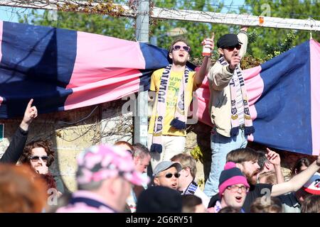 Fans des FC Dulwich Hamlet auf den Terrassen bei einem Spiel auf ihrem Champion Hill-Gelände in East Dulwich im Südosten Londons, England, Großbritannien, Stockfoto