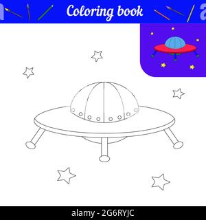 Bild für Kinder. Nettes UFO unter den Sternen. Schwarz-Weiß-Illustration zum Färben mit Farbmuster. Raumschiff von Aliens im Cartoon-Stil. V Stock Vektor