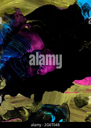 Abstrakt kreativ bunt handbemalt Hintergrund auf schwarz, Acrylmalerei auf Leinwand. Moderne Kunst. Zeitgenössische Kunst Stockfoto