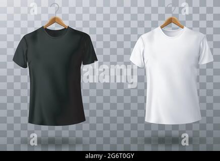T-Shirt mockup schwarz weiß männlich T-Shirt mit kurzen Ärmeln Holzbügel Vorlage Vorderansicht . Stock Vektor