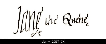 Lady Jane Grays Unterschrift als Königin aus „Lady Jane Gray and her Times“ 1822. Die weitgehend vergessene Königin Jane (Lady Jane Gray (c. 1536 - 1554), später bekannt als Lady Jane Dudley (nach ihrer Ehe mit Lord Guildford Dudley). Die ehemalige englische Adlige ist wegen ihrer beenzten Herrschaft auch als die „neun Tage“-Königin bekannt. Sie regierte vom 10. Juli bis zum 19. Juli 1553 als Königin von England und Irland. Sie wurde wegen Hochverrats politisch verurteilt und war zum Zeitpunkt ihrer Hinrichtung durch Enthauptung erst 16 oder 17 Jahre alt. Sie wird immer noch von vielen als evangelische Märtyrerin angesehen. Stockfoto