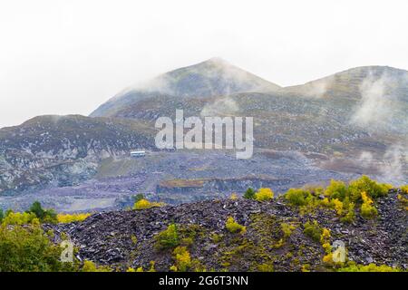 Teleansicht der Seilrutsche im Penrhyn Quarry, Bethesda, North Wales, Großbritannien Stockfoto