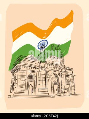 Gateway of india und Flagge Skizze Stil Stock Vektor