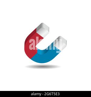 3D-Vektordarstellung eines U-förmigen Magneten isoliert auf weißem Hintergrund. Inklusive Grafikstil. Rote Farbe, blau und silber. Designelemente. Stock Vektor