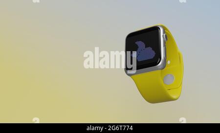 Smart Watch 3d-Rendering mit Wolkensymbol bedeckt teilweise den Mond auf dem lcd-Display, das auf farbigem Hintergrund isoliert ist. Ansicht von der Seite nach unten. Stockfoto