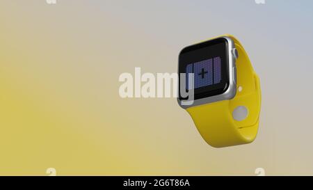 Smart Watch 3d-Rendering mit Verbandssymbol mit Kreuz auf dem lcd-Display, isoliert auf farbigem Hintergrund. Ansicht von der Seite nach unten. Stockfoto