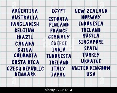 Die Namen der Länder der Welt. Europäische Städte. Handbrief Stock Vektor