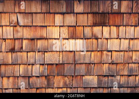 Abstrakter Hintergrund von Holzschindeln an der Seite eines Gebäudes in Steveston British Columbia, Kanada Stockfoto