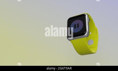 Smart Watch 3d-Rendering mit Symbol des invertierten Pause-Symbols im Kreis auf dem lcd-Display, isoliert auf farbigem Hintergrund. Ansicht von der Seite nach unten. Stockfoto