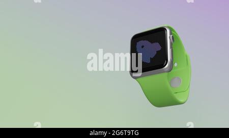 Smart Watch 3d-Rendering mit Symbol der Rakete auf dem lcd-Display isoliert auf farbigem Hintergrund. Ansicht von der Seite nach unten. Stockfoto