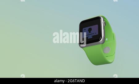 Smart Watch 3d-Rendering mit Symbol des Fernsehers mit Menü auf dem Bildschirm auf dem lcd-Display, isoliert auf farbigem Hintergrund. Ansicht von der Seite nach unten. Stockfoto