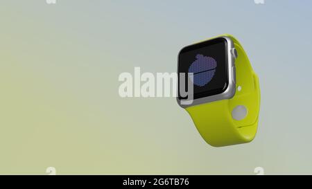 Smart Watch 3d-Rendering mit dem Symbol der Eichel vom Baum auf dem lcd-Display isoliert auf farbigem Hintergrund. Ansicht von der Seite nach unten. Stockfoto