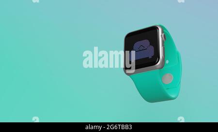 Smart Watch 3d-Rendering mit Symbol des Sessels mit Kissen auf lcd-Display isoliert auf farbigem Hintergrund. Ansicht von der Seite nach unten. Stockfoto