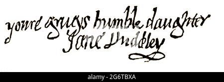 LADY JANE GREY - Unterschrift von Lady Janes aus der Publikation „Lady Jane Grey and her Times“ aus dem Jahr 1822. Die weitgehend vergessene Königin Jane (Lady Jane Gray (c. 1536 - 1554), später bekannt als Lady Jane Dudley (nach ihrer Ehe mit Lord Guildford Dudley). Die ehemalige englische Adlige ist wegen ihrer beenzten Herrschaft auch als die „neun Tage“-Königin bekannt. Sie regierte vom 10. Juli bis zum 19. Juli 1553 als Königin von England und Irland. Sie wurde wegen Hochverrats politisch verurteilt und war zum Zeitpunkt ihrer Hinrichtung durch Enthauptung erst 16 oder 17 Jahre alt. Sie wird immer noch von vielen als evangelische Märtyrerin angesehen. Stockfoto