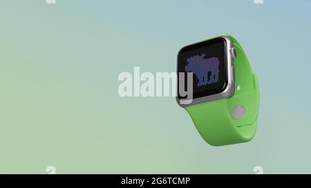 Smart Watch 3d-Rendering mit Symbol der Elche wildes Tier auf lcd-Display isoliert auf farbigem Hintergrund. Ansicht von der Seite nach unten. Stockfoto