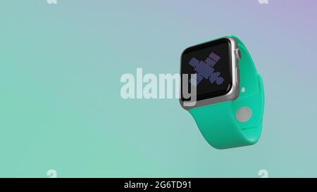 Smart Watch 3d-Rendering mit Symbol des Weltraumsatelliten auf lcd-Display isoliert auf farbigem Hintergrund. Ansicht von der Seite nach unten. Stockfoto