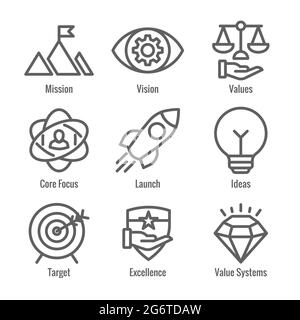 Mission Vision und Werte Icon Set mit Raketen-, Ideen- und Zielsymbolen Stock Vektor