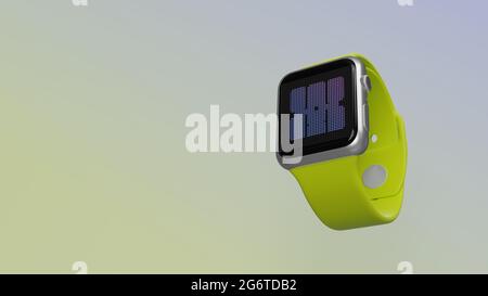 Smart Watch 3d-Rendering mit Symbol der Raumstation auf lcd-Display isoliert auf farbigem Hintergrund. Ansicht von der Seite nach unten. Stockfoto