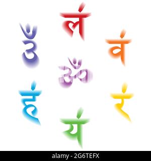 Die sieben Bija-Mantras mit 3D-Chakren setzen Sanskrit bunte Schriftzüge isoliert auf weißem Hintergrund. Lineare Charakterdarstellung des Hinduismus und Budd Stock Vektor