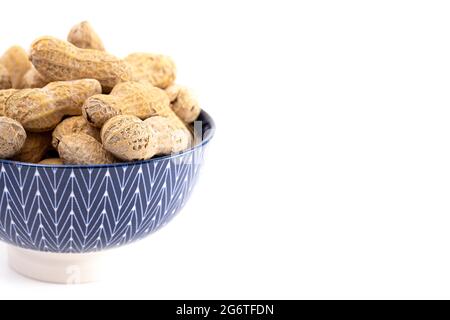 RAW in Shell Peanuts isoliert auf weißem Hintergrund Stockfoto