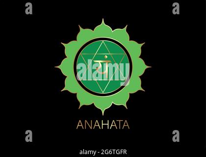 Anahata Viertes Chakra mit dem Hindu-Sanskrit-Samenmantra VAM. Grün ist ein flaches Design-Symbol für Meditation, Yoga. Gold Logo Vorlage Vektor ist Stock Vektor