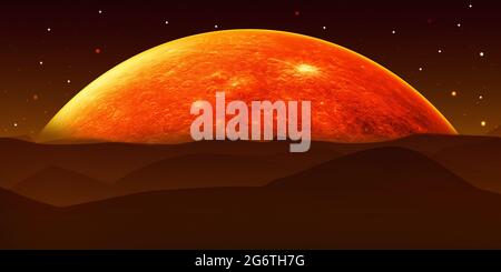 3D-Rendering Mars Planet mit Orange Sky und Berge von der Erde in der Nacht. Moderner abstrakter roter Planet im Hintergrund Stockfoto