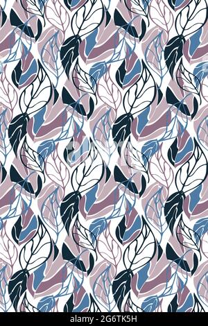 Hinterlässt ein abstraktes Vektor-nahtloses Muster. Von Hand gezeichnete Linienkonturen. Kunstcollage in Blaubeerfarben für Banner, Textilien, Drucke, Tapeten Stock Vektor