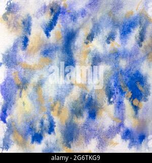 Das kühne abstrakte Aquarellmuster wurde mit dunkelblauen, periwinkle und braunen Farbtönen in 12x12 für Farbtexturen und Hintergründe handbemalt. Stockfoto