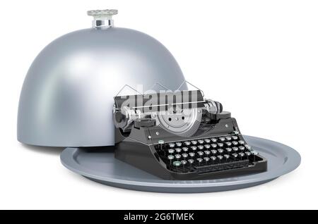 Restaurant Cloche mit Schreibmaschine, 3D-Rendering isoliert auf weißem Hintergrund Stockfoto