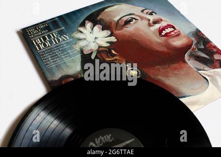 Jazz-, Pop- und Soul-Künstlerin, Billie Holiday-Musikalbum auf Vinyl-LP-Schallplatte. Titel: Das erste Verve Sessions Album Cover Stockfoto